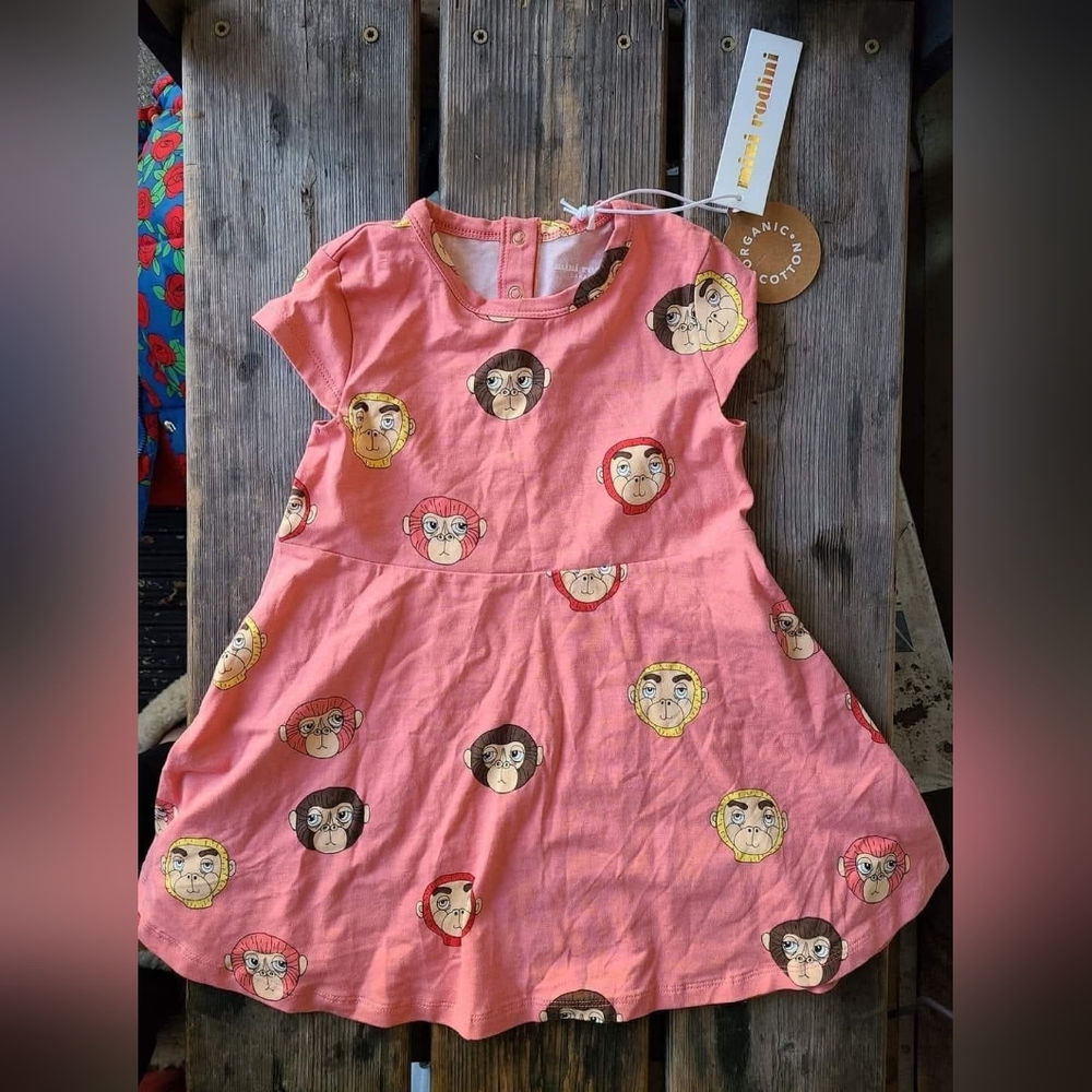MINI RODINI SZ 92-98 / 1.5-3Y NWT PEACH PINK COLORFUL MONKEY FACES dress
